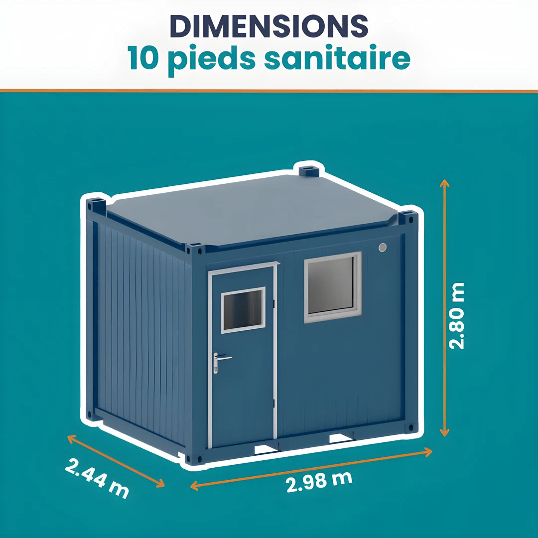 Dimensions container sanitaire 10 pieds Eurocontex – 2.98m x 2.44m x 2.80m, vue 3D isométrique